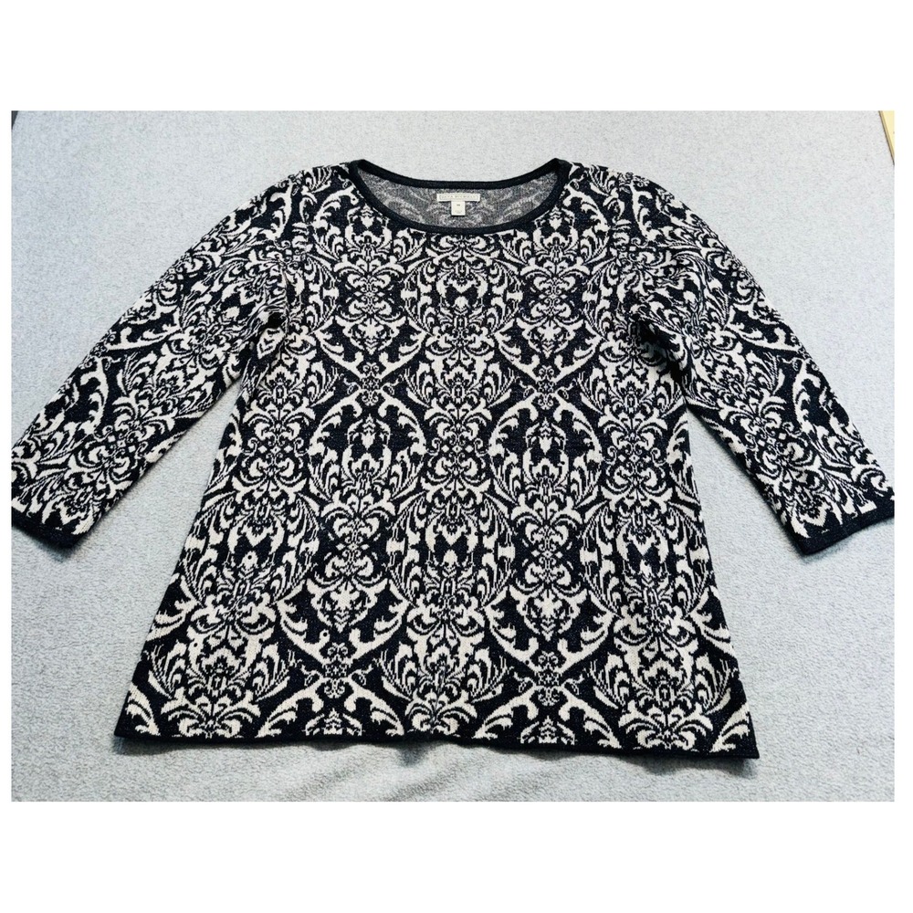 Dana Buchman Womens M Black Cream Damask Jacquard Knit Sweater 3/4 Sleeve Classy